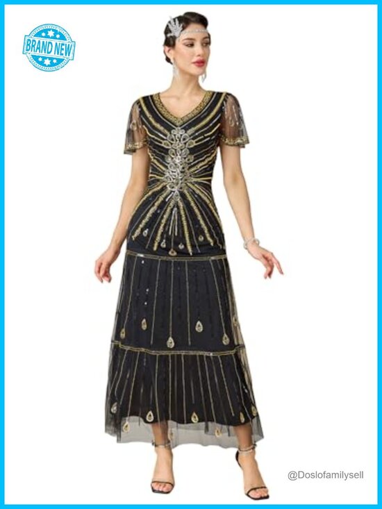 Dresses & Skirts - 1920s Flapper Sequin Beaded V-Neck Maxi Evening Gown Formal Party